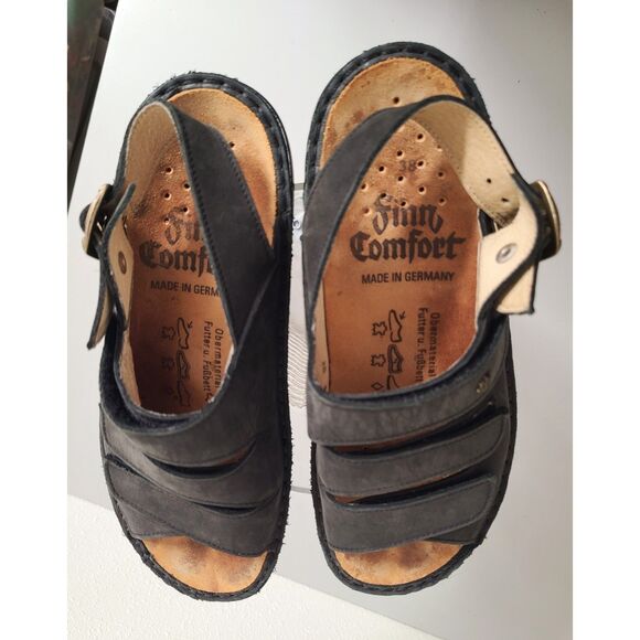 Finn Comfort Black Leather EU 38 US 7.5 Velcro Sandals Slip On Open Toe Shoes - Picture 4 of 8